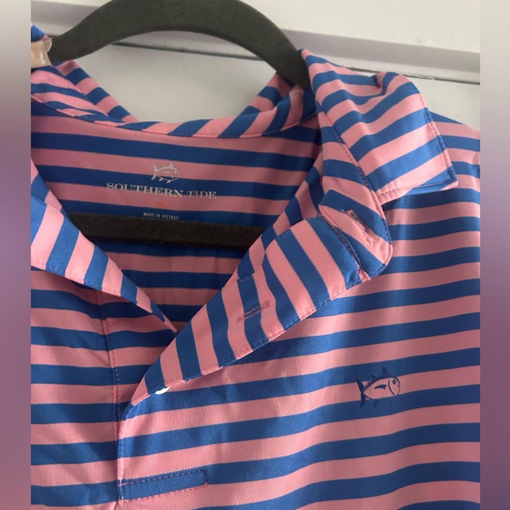 Southern Tide Pink and Blue Striped Polo Shirt
